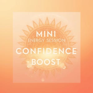 May include: An orange and yellow gradient background with a white square overlay. The overlay features the words "MINI ENERGY SESSION" above "CONFIDENCE BOOST" in a bold, sans-serif font. A sun-like design is behind the text.