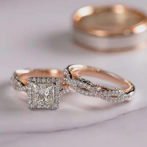 4.70 Carat Princess Cut Engagement Ring – Halo Setting, Twisted Pave Band, Rose & White Gold Bridal Ring for Women With Pave Infinity Band