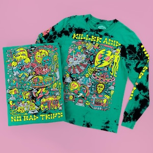 May include: A green long-sleeve shirt and a matching print featuring a colorful, psychedelic design with the text "KILLER ACID" and "NO BAD TRIPS". The shirt has a tie-dye effect with black accents.