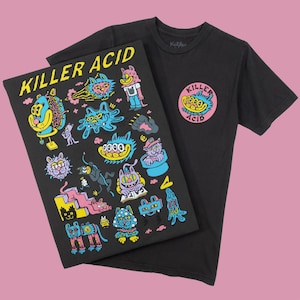 May include: Two black t-shirts with a graphic print of cartoon cats and the text "Killer Acid". One shirt has a smaller graphic of a cat with the text "Killer Acid" on the front.