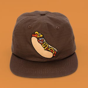Killer Acid Glizzy Hat - hot dog character patch on brown 6-panel ripstop cap