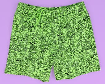 Può includere: Pantaloncini verde lime brillante con una stampa doodle nera all-over. Il motivo è composto da varie creature dei cartoni animati, mostri e forme astratte. I pantaloncini includono un elastico in vita con una coulisse verde lime abbinata.