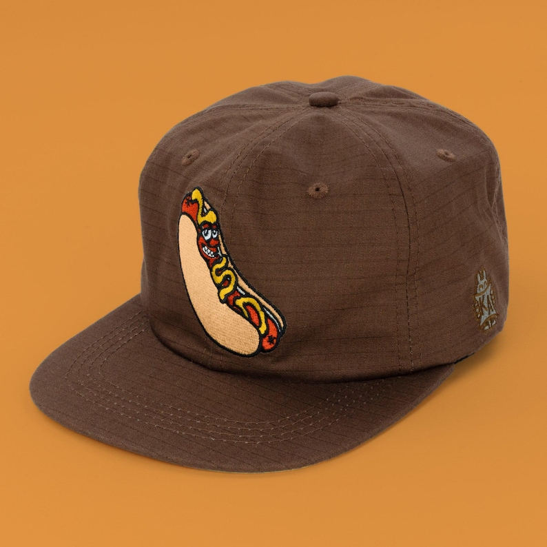 Killer Acid Glizzy Hat - hot dog character patch on brown 6-panel ripstop cap