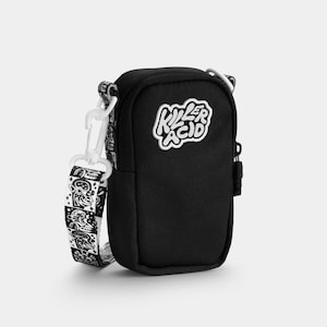 May include: Black crossbody bag with a white "Killer Acid" logo and a black and white patterned strap.