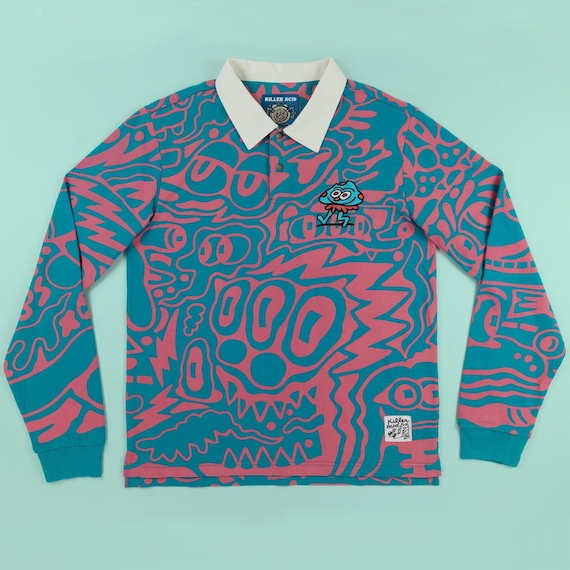 Wild Shroom Rugby - Heavyweight Cotton Jersey - Allover Screen Print - Embroidered Pocket Detail - Machine Wash Cold - Psychedelic Journey