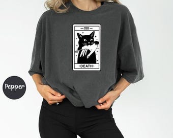Tarot Card Black Cat Comfort Colors® Shirt, Tarot Death T-Shirt, Witchy Cat Shirt, Spooky Cat Gift, Halloween Black Cat Shirt,Cat Lover Gift