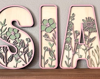 Wildblumen Kinderzimmer Buchstaben, individuelles Blumen Namensschild aus Holz, Boho Mädchen Kinderzimmer Wanddekoration