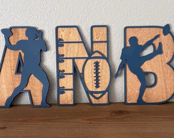 Letras infantiles de fútbol americano, letrero de madera con nombre deportivo, decoración de pared para habitación infantil.