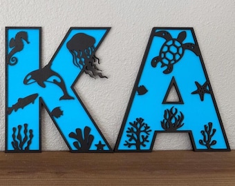 Personalisiertes Ocean Nursery Namensschild | Individuelle Holzbuchstaben mit Meerestieren