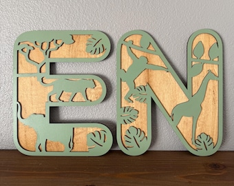 Safari Kinderzimmer Namensschild - Personalisierte Holzbuchstaben mit Dschungeltieren