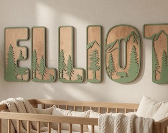 Woodland Nursery Letters, Personalized Wooden Name Sign, Custom Mountain Bear Decor