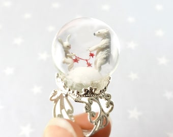 Ring Polar Bear and White Rabbit with a red garland -Terrarium ring for Winter-Miniature