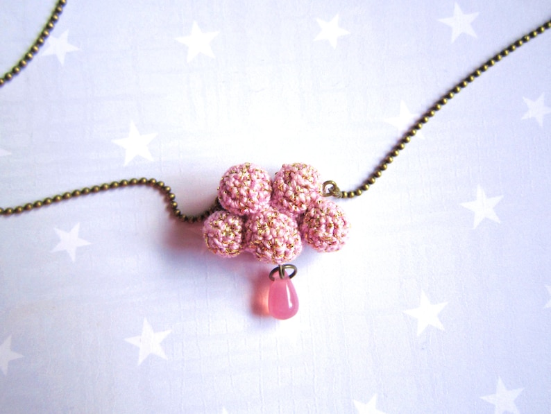 Necklace pink cloud and raindrop. Crochet cloud. Pink gift image 1