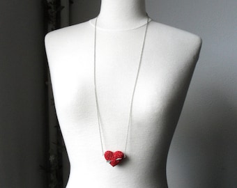 Long Necklace with crochet red heart and arrow. Wedding necklace