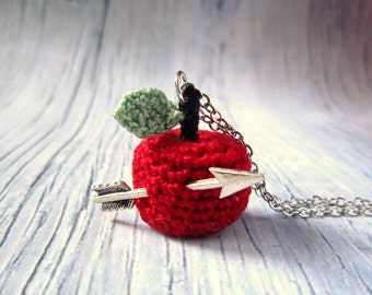 Necklace with crochet Red Apple and arrow.