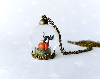 Halloween Necklace Pumpkin & black cat. Fairy tale necklace.