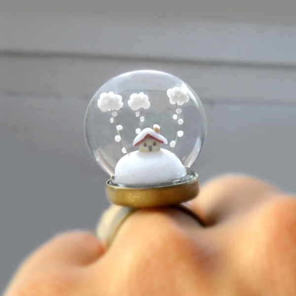 Kerstcadeau * Terrariumring Besneeuwd landschap - Huisje en witte wolken - Winterring