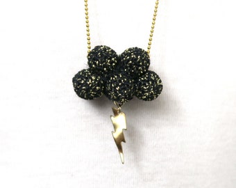 Halloween Storm necklace with black cloud and gold lightning- "little storm"- Black crochet cloud