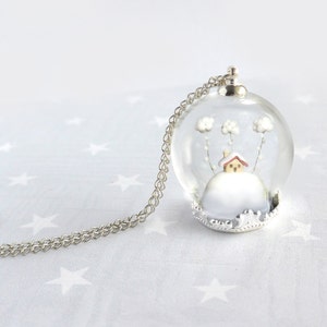 Terrarium necklace Snow-covered landscape-Little house and white clouds Winter necklace image 2