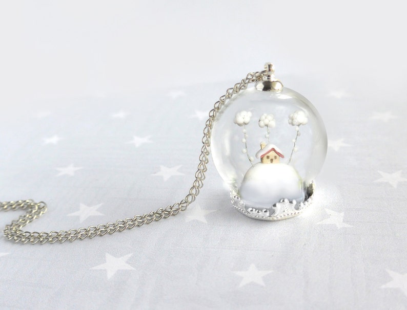 Terrarium necklace Snow-covered landscape-Little house and white clouds Winter necklace image 2