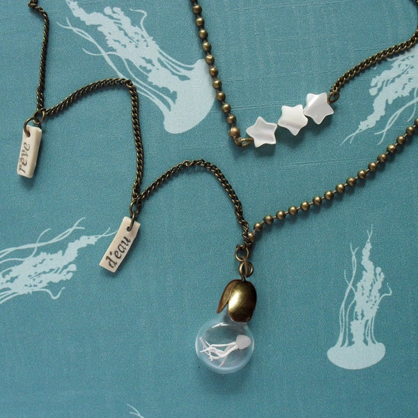 Long Necklace Jellyfish "dream of water". Miniature in Bottle. Terrarium. Summer necklace.