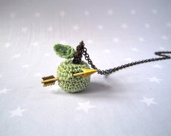 Necklace crochet green Apple and arrow on a brass chain...