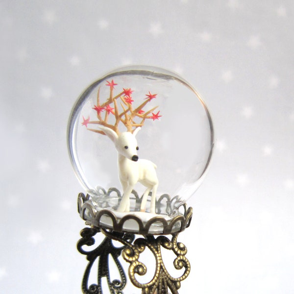 Christmas ring : deer with red stars on antlers-Terrarium ring. Fantasy Miniature