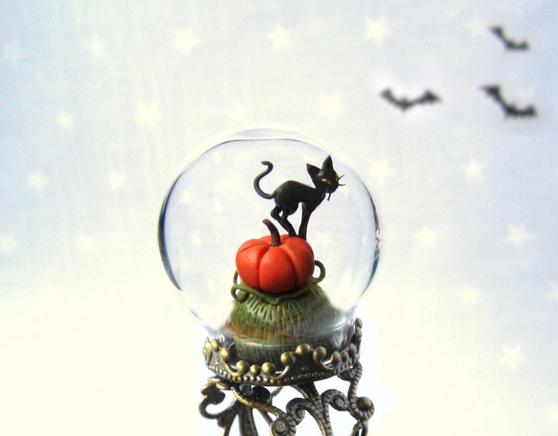 Bague terrarium Citrouille et chat noir sous une bulle de verre. image 1