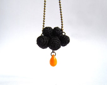 Halloween Necklace Black cloud and orange raindrop. Crochet cloud. Gothic necklace
