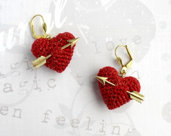 Valentine's Earrings crochet red heart and arrow..love earrings <wedding