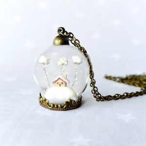 Terrarium necklace Snow-covered landscape-Little house and white clouds Winter necklace image 1