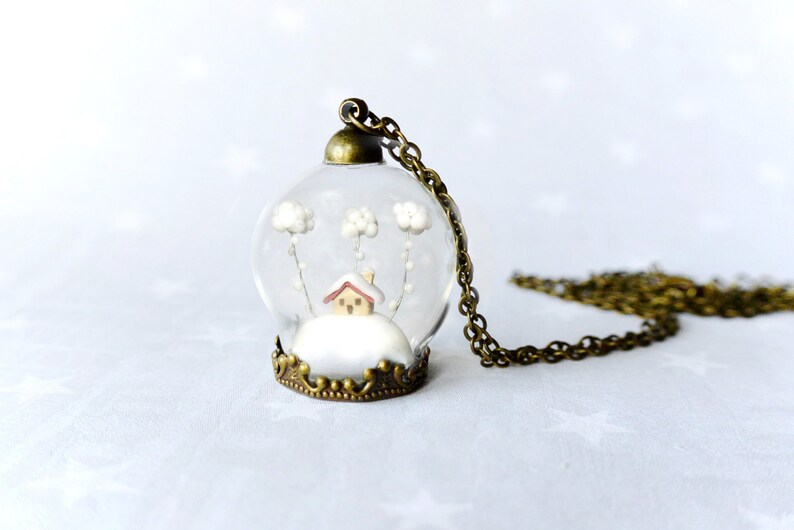 Terrarium necklace Snow-covered landscape-Little house and white clouds Winter necklace image 1