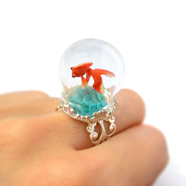 Terrarium ring with tiny goldfish. Miniature under glass globe. Original gift.