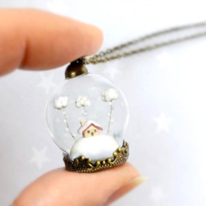 Terrarium necklace Snow-covered landscape-Little house and white clouds Winter necklace image 3