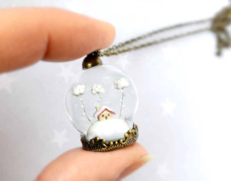 Terrarium necklace Snow-covered landscape-Little house and white clouds Winter necklace image 3