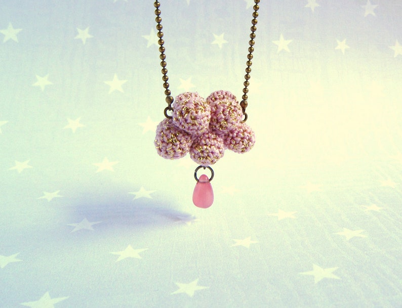 Necklace pink cloud and raindrop. Crochet cloud. Pink gift image 2