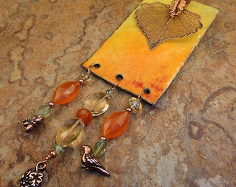 Enamel Citrine Carnelian Peridot Copper Leaf Statement Pendant Necklace , OOAK Artisan Handcrafted in America