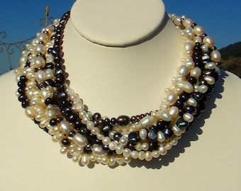 Black & White Freshwater Pearls Nine Strand Statement Necklace, Onyx Clasp, Artisan Handcrafted in America