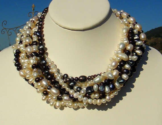 Black & White Freshwater Pearls Nine Strand Statement Necklace, Onyx Clasp, Artisan Handcrafted in America