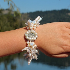 White Freshwater Pearls, Quartz, Opalite, Multi Strands, MOP Cameo, Statement Bracelet, OOAK Artisan Handcrafted in America