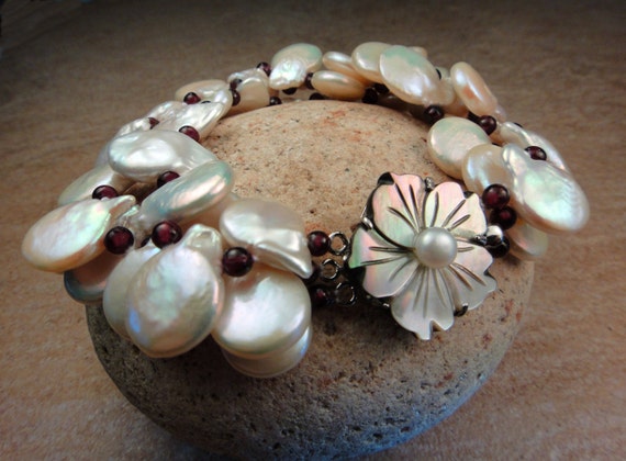 Ivory Coin Pearl and Garnet Multi Strand Statement Bracelet MOP Flower Clasp, OOAK Artisan Handcrafted in America, Bride Wedding