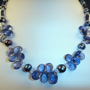 Puede incluir: Un collar de piedras preciosas azules con cuentas azul oscuro y blancas. El collar está hecho de piedras preciosas facetadas y perlas.