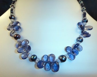 Faceted Iolite, Rainbow Moonstone, Akoya Pearls, Sterling Silver Statement Necklace, OOAK Artisan Handcrafted in America