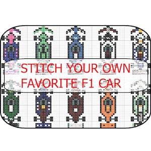 Może przedstawiać: Wzór do haftu krzyżykowego przedstawiający wiele samochodów wyścigowych Formuły 1 w różnych kolorach. Tekst "STITCH YOUR OWN FAVORITE F1 CAR" jest wyświetlany pośrodku. Samochody są ułożone w siatkę na białym tle.