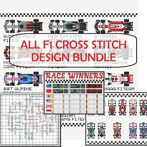 Op de afbeelding: Een kruissteekontwerp bundel met verschillende Formule 1 raceauto's en gerelateerde graphics. Het ontwerp bevat de tekst "ALL F1 CROSS STITCH DESIGN BUNDLE" en een "RACE WINNERS" grafiek. Het kleurenpalet omvat rood, zwart, wit en blauw.