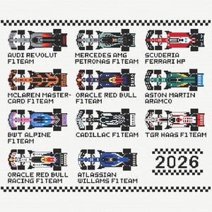May include: A cross-stitch design showcasing Formula 1 cars from teams like Audi, Mercedes, Ferrari, McLaren, and Red Bull. The year 2026 is included. The cars are viewed from above, with team names underneath.