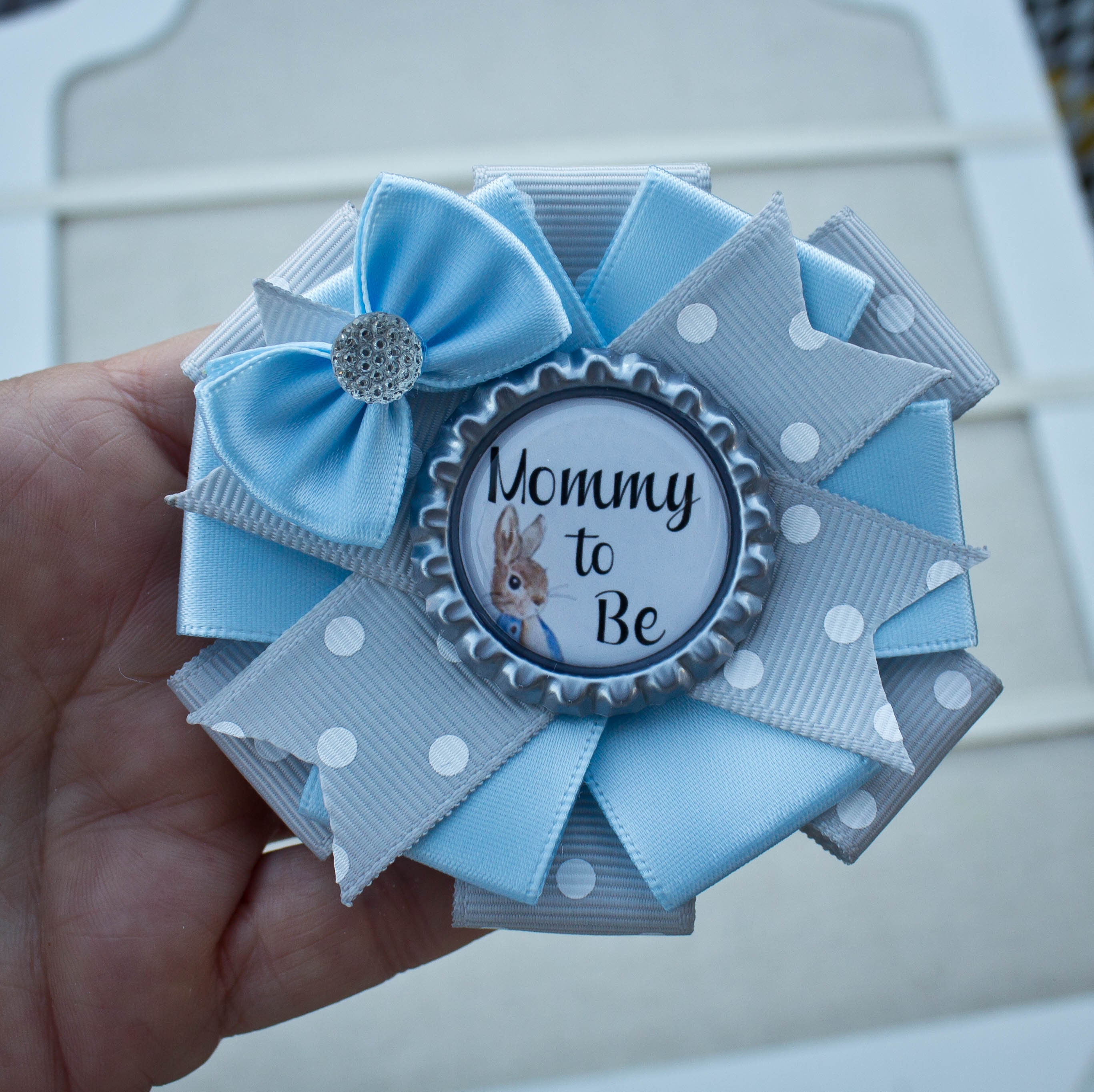 Mini sized 3 1/2" Peter Rabbit Baby Shower Pin, Peter Rabbit Mommy to Be Pin, Peter Rabbit Baby Shower, Peter Rabbit Shower Corsage