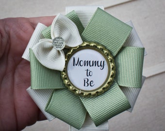 3 1/2&quot; Mini Sized Sage Green and Cream Baby Shower Corsage, Boho Baby Shower Pin, Rustic Baby Shower Corsage, Mommy to Be Corsage