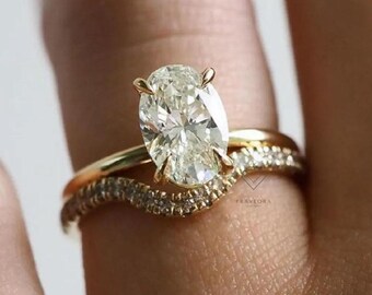 Conjunto de anillo de compromiso con moissanita ovalada de 3 quilates, conjunto de anillo de boda de oro de 10 quilates para mujer, conjunto nupcial con alianza a juego, elegante conjunto de anillos para regalo.