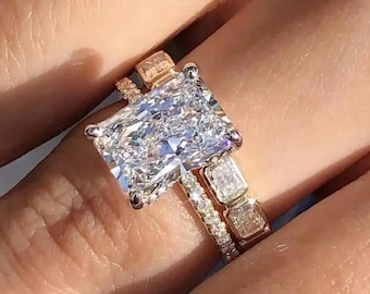 3CT Radiant Cut Moissanite Bridal Set, Hidden Halo Engagement Ring Set, 14K Gold Wedding Ring Set Matching Bridal Ring Set Anniversary Gift